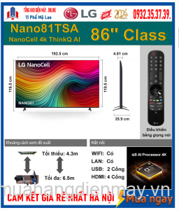 Smart Tivi NanoCell LG 4K 86 inch 86NANO81TSA Mới 2024