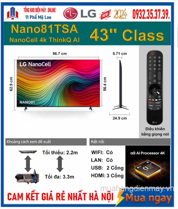 Smart Tivi NanoCell LG 4K 43 inch 43Nano81TSA Mới 2024
