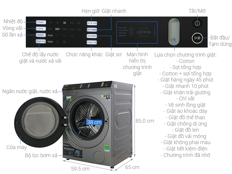 Máy giặt 10.5 Kg Toshiba TW-BH115W4V(SK) lồng ngang Inverter mới 2019