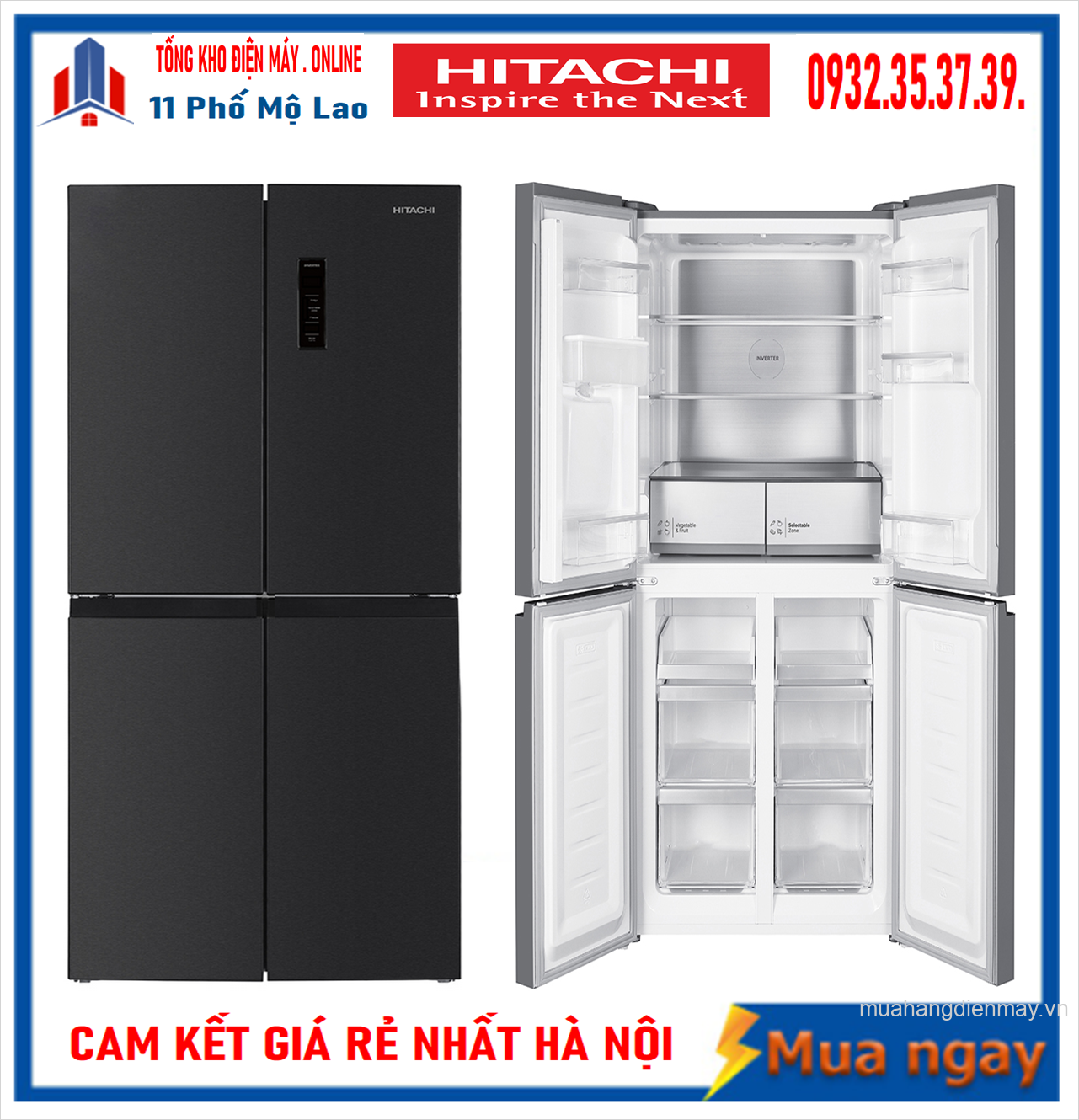 Tủ Lạnh Hitachi  4 Cánh Ngăn Đông Dưới 466L Inventer HR4N7522DSDXVN Mới 2023
