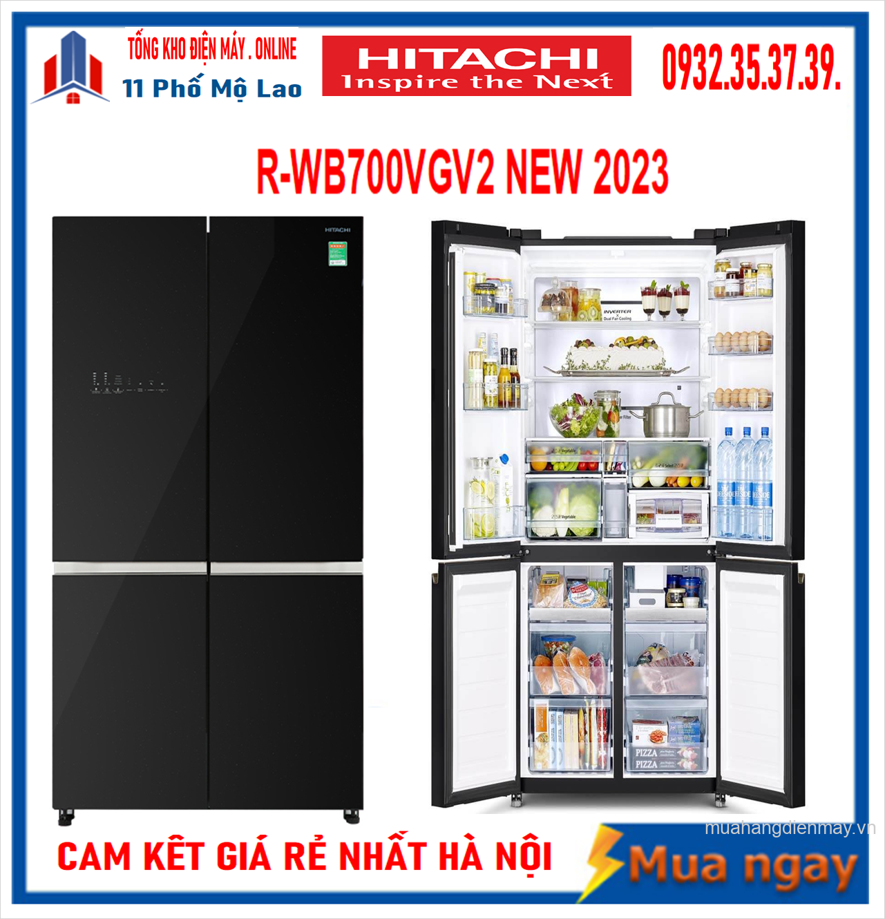Tủ Lạnh Hitachi Inventer 4 Cánh Ngăn Đông Dưới 645L R-WB700VGV2 Mới 2023