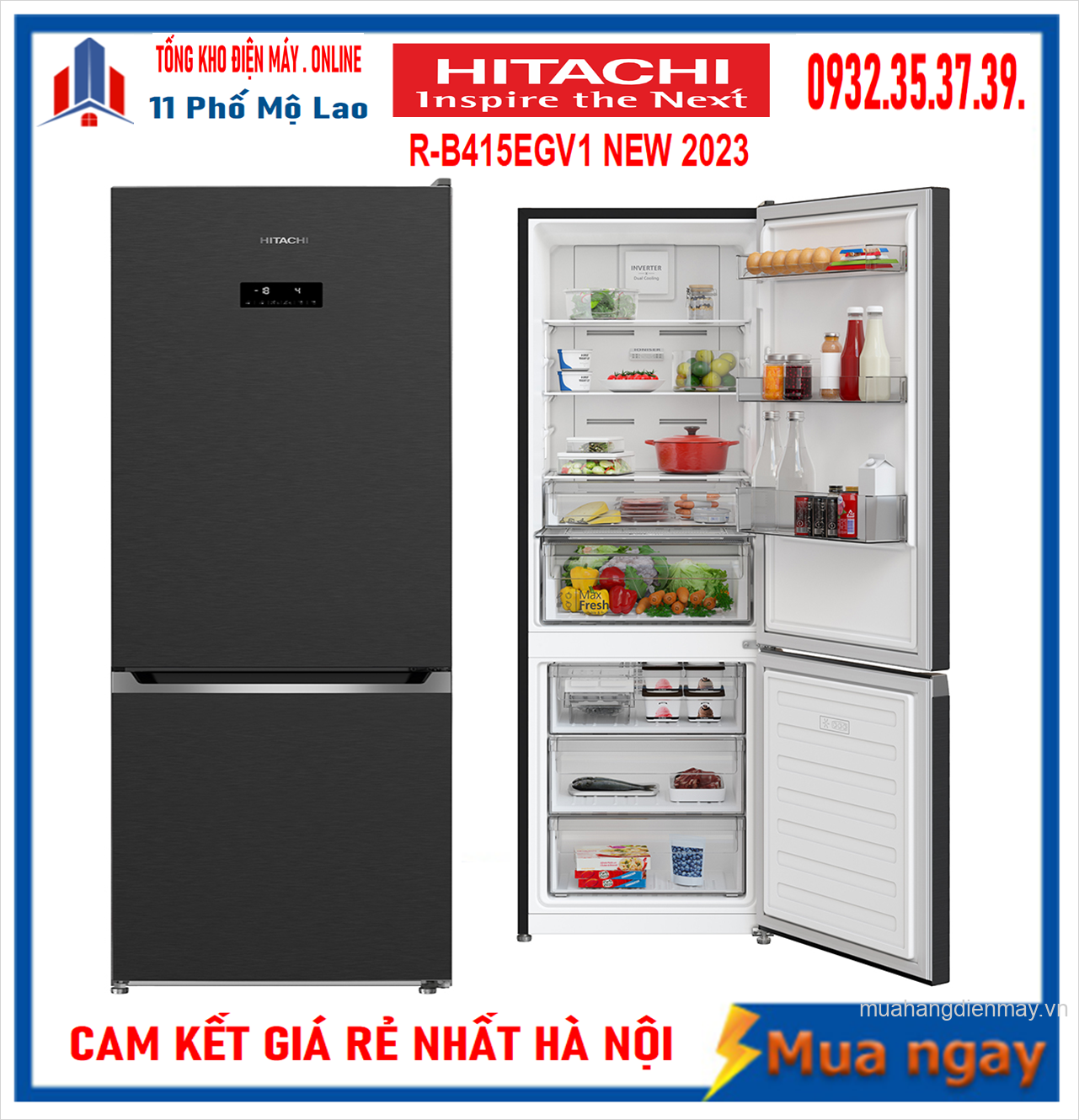 Tủ lạnh Hitachi Inverter 396 lít Ngăn đông dưới R-B415EGV1 Mới 2023