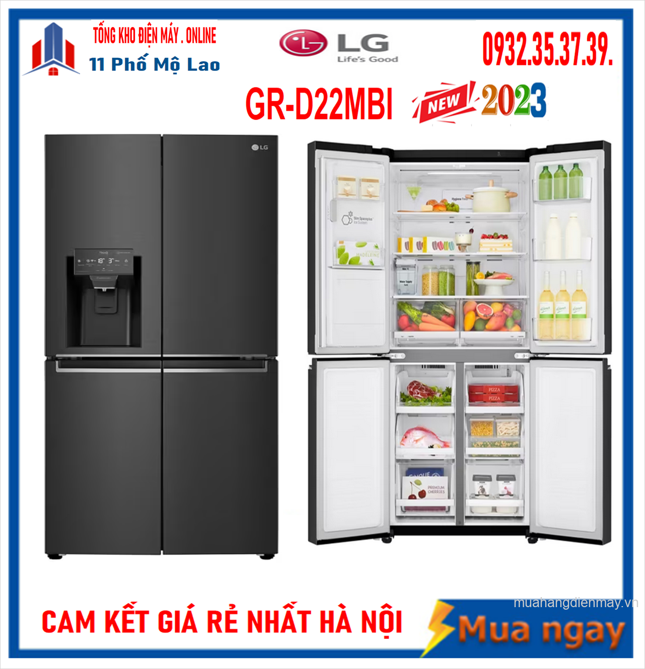 Tủ lạnh LG Inverter 494 lít Multi Door GR-D22MBI Mới 2023