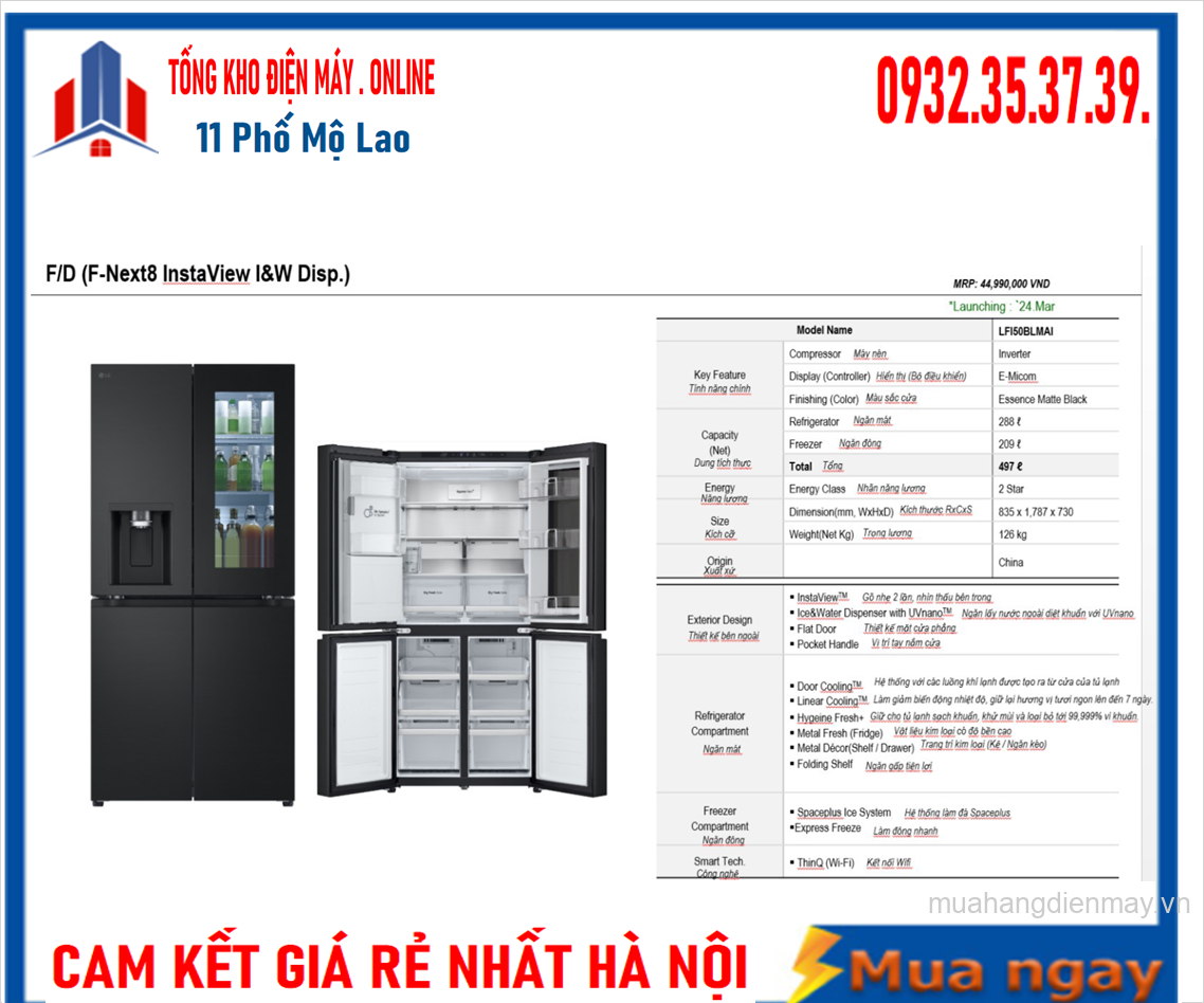 Tủ lạnh LG LFI50BLMAI Inverter 497 Lít [2024]  